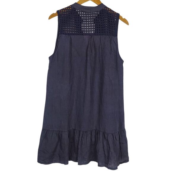 Rosemarine Italian Linen Dress Size L Navy Blue Sleeveless Crochet Shift Ruffle - Picture 2 of 12